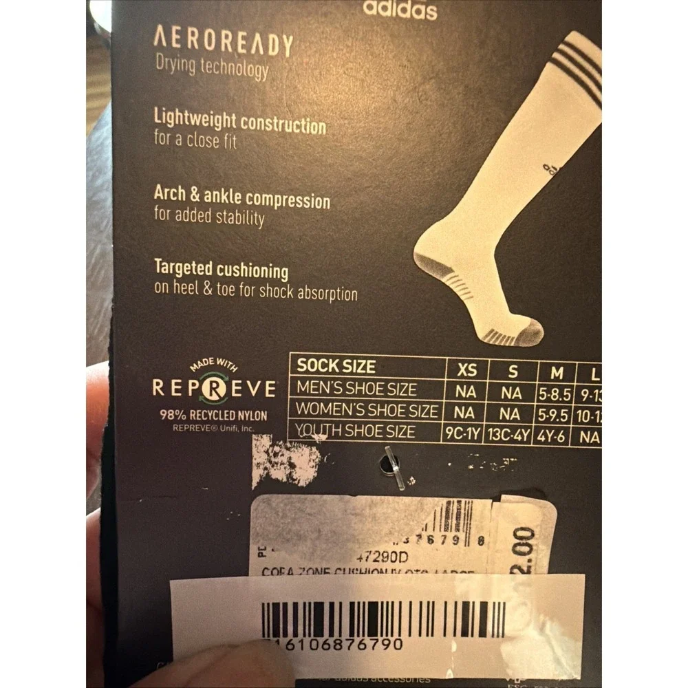 NEW Adidas Soccer Socks Unisex Large  Black/White/Grey Cushioned